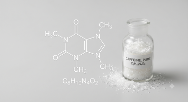 Pure caffeine powder compound alongside formulas for sugar-free energy drinks for working out.