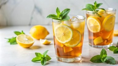 Two glasses of iced tea lemonade highlighting BUM Energy sugar-free energy drinks for working out.
