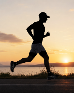 Silhouette of a runner at sunset displaying essential beginner running gear.