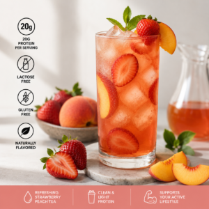 Clear Whey Isolate Protein Powder, Lactose Free, Gluten Free, Naturally Flavored, Strawberry Peach Tea. 
