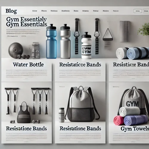 DALL·E 2024-11-20 23.52.58 - A clean and modern website layout featuring blog articles exclusively about gym essentials. Each article has a title, a thumbnail image of gym items s